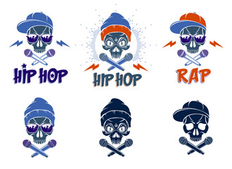 Rap music vector set logos or emblems with aggressive skull and two microphones crossed like bones, Hip Hop rhymes festival concert or night club party labels, t-shirt prints.