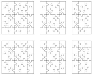 Illustration of six white puzzles, separate parts
