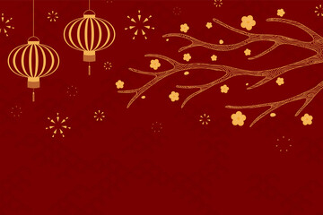 Traditional Asian background, lanterns, fireworks, flowers, gold on red, copy space. Oriental, eastern style vector illustration. Design concept Chinese New Year, Mid Autumn Festival poster, banner.