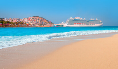 The cruise ship is located on Kusadasi Island in the port of Kusadasi, Turkey