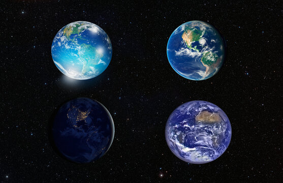 Four different Planet Earth in outer space 