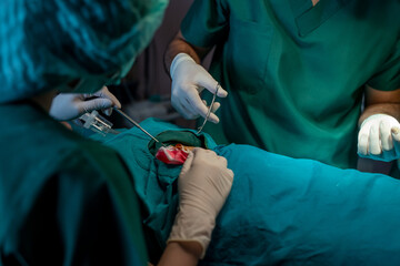 Surgeons with assistants are operation in operating room at hospital,Medical team performing operation.