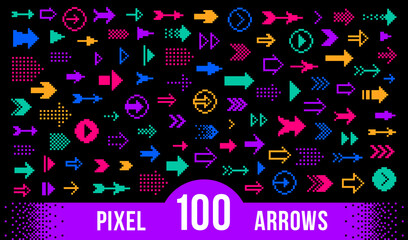 8 Bit pixel arrows vector big set of icons, collection of arrow direction cursors in old PC or gaming console style, single color symbols for logos.