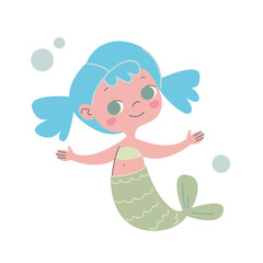 Cute mermaid with blue hair and a fish tail in a yellow top. Vector illustration in cartoon children s style. Hello summer Baby print for girls. Pastel color. Funny character art.