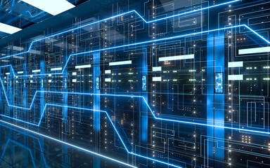Server racks in computer network security server room data center, 3d rendering.