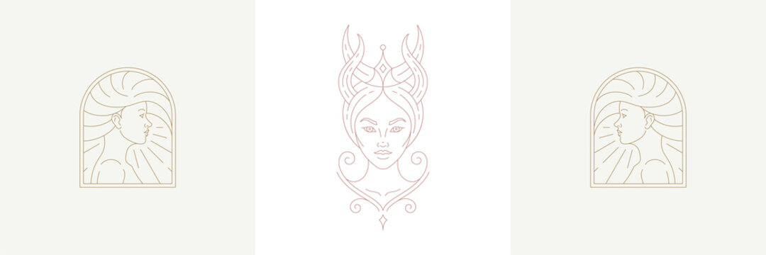 Magic female face and woman with beauty hairstyle in boho linear style vector illustrations set