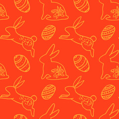 easter pattern with rabbits and eggs on an orange background for packaging and fabrics