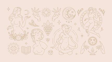 Magic woman boho vector illustrations of graceful feminine women and esoteric symbols set.