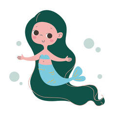 Cute mermaid with green long hair and a fishy blue tail. Vector illustration in cartoon children s style. Baby print for girls. Funny character art.