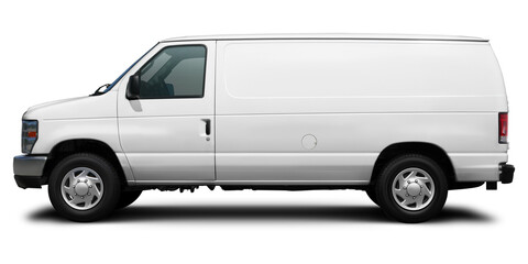 Modern American cargo minibus white color side view. Isolated on a white background.