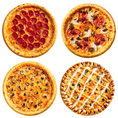 Variety of isolated pizzas menu collage disign on the white