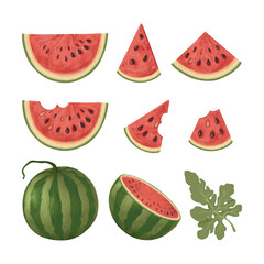 Set of vector illustrations with watermelon and watermelon slices