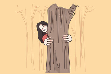 Summer activities and leisure concept. Young smiling female cartoon character hugging and looking from tree in park or forest feeling active and playful vector illustration 