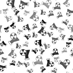 Black Laboratory chemical beaker with toxic liquid icon isolated seamless pattern on white background. Biohazard symbol. Dangerous symbol with radiation icon. Vector
