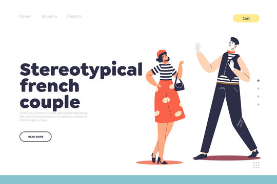 Stereotypical french couple landing page with frenchwoman and french mime in traditional wear