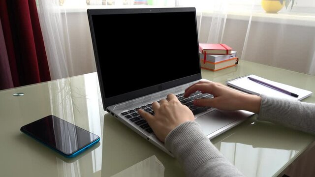 The girl working at home office hands on keyboard. Alpha channel included. Png+alpha. You can insert your background.