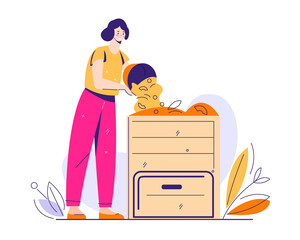 Recycling of organic kitchen and garden waste. A young woman puts garbage in the compost bin. Composting concept. Vector illustration in flat cartoon style.