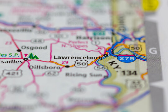 05-04-2021 Portsmouth, Hampshire, UK, Lawrenceburg Indiana USA shown on a geography map or road map