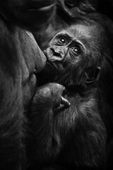 gorilla baby greedily sucks milk from mother's breast and looks back with concern, black and white contrast