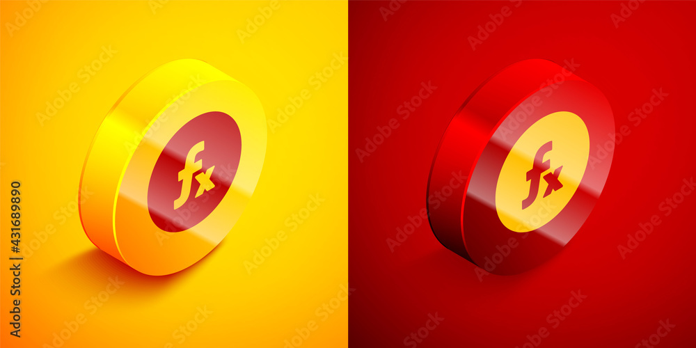 Poster isometric function mathematical symbol icon isolated on orange and red background. circle button. ve