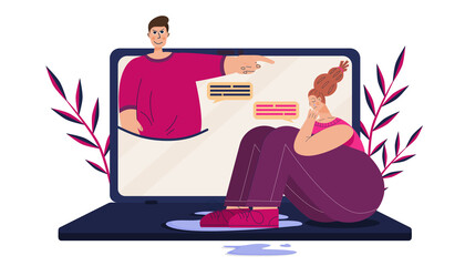 Concept of cyber bullying, girl crying on a laptop. The man points, gloats, humiliating and insulting. Stressed woman is crying. Vector illustration in flat style. Bullying Internet, haters.