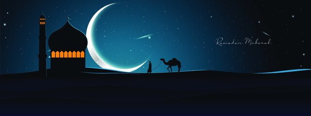 Naklejka premium Ramadan Mubarak vector greeting background with desert, moon, mosque and camel with night scene for banner, Flyer, social media, print, poster, web.