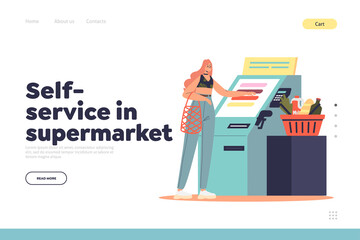 Self-service in supermarket landing page with woman using self contactless cashier terminal