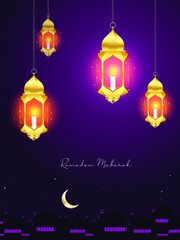Ramadan Mubarak Greeting Vector Elegant Background with Moon, Stars, lantern for banner, Flyer, social media, print, poster, web.