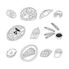 Cute various doodle bakery desserts set. Traditional American, French, Spanish sweet pastry, cakes and sweets.