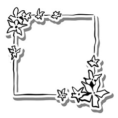 Black line flowers leaves cross square frame on 2 white silhouette and gray shadow. Vector illustration for decorate logo, text, greeting cards and any design.