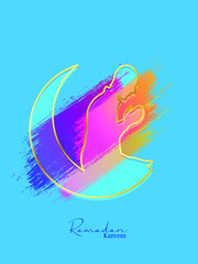 Ramadan Kareem vector abstract background with Man Praying with Moon for banner, Flyer, social media, print, poster, web.