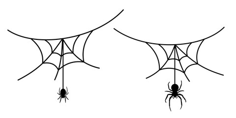 Scary spider web set isolated white background. Cobweb, black spider. Halloween horror decoration. Spooky fear spiderweb. Simple sketch cobweb. Hanging spider cartoon silhouette Vector illustration