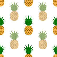 Pineapple seamless pattern. Tropical fruits textile texture isolated white background. Food print, fabric wrapping decorative backdrop. Typography graphic. Repeat design element. Vector illustration
