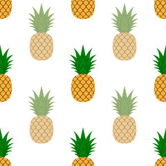 Pineapple seamless pattern. Tropical fruits textile texture isolated white background. Food print, fabric wrapping decorative backdrop. Typography graphic. Repeat design element. Vector illustration