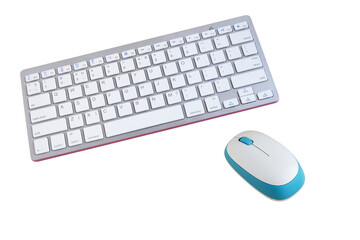 White wireless keyboard and mouse isolated on wooden background