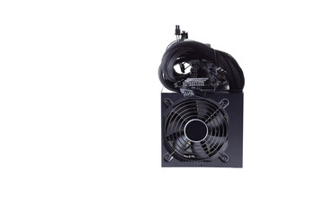 Computer power supply on white background