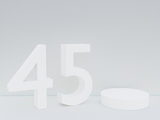Scene with podium for mock up presentation in white color, minimalism style and number 45 with copy space, 3d render abstract background