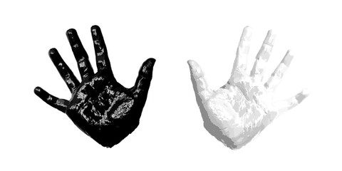 Hand kid print 3D, isolated white background. Black white paint human hands. Silhouette child, young people handprint. Stamp children fingers, palm shape. Abstract design texture Vector illustration