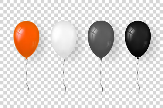 Balloon 3D icon set, isolated white transparent background. Baloon mockup Halloween party celebration. Realistic black silver orange design. Helium gift ballon, ribbon decoration. Vector illustration