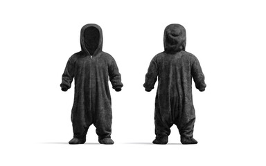 Blank black kid plush jumpsuit mockup, front and back view
