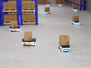 Concept industry 4.0 smart vehicle autonomous robot AGV (Automated guided vehicle),warehouse logistic and transport,with cardboard box automated robot,production in factory,3d rendering illustration
