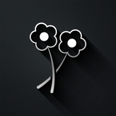 Silver Flower icon isolated on black background. Long shadow style. Vector