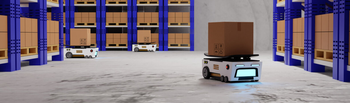 Concept industry 4.0 smart vehicle autonomous robot AGV (Automated guided vehicle),warehouse logistic and transport,with cardboard box automated robot,production in factory,3d rendering illustration