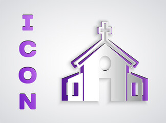 Paper cut Church building icon isolated on grey background. Christian Church. Religion of church. Paper art style. Vector