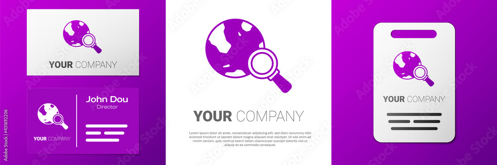 Poster logotype magnifying glass with globe icon isolated on white background. analyzing the world. global 