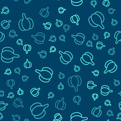 Green line Garlic icon isolated seamless pattern on blue background. Vector