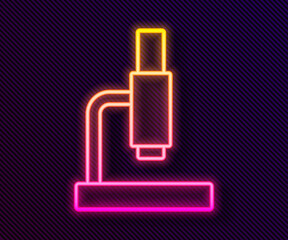 Glowing neon line Microscope icon isolated on black background. Chemistry, pharmaceutical instrument, microbiology magnifying tool. Vector
