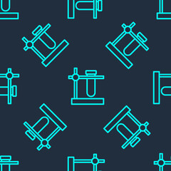 Green line Glass test tube flask on stand icon isolated seamless pattern on blue background. Laboratory equipment. Vector
