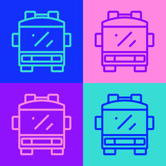 Pop art line Fire truck icon isolated on color background. Fire engine. Firefighters emergency vehicle. Vector