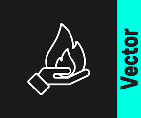 White line Hand holding a fire icon isolated on black background. Insurance concept. Security, safety, protection, protect concept. Vector